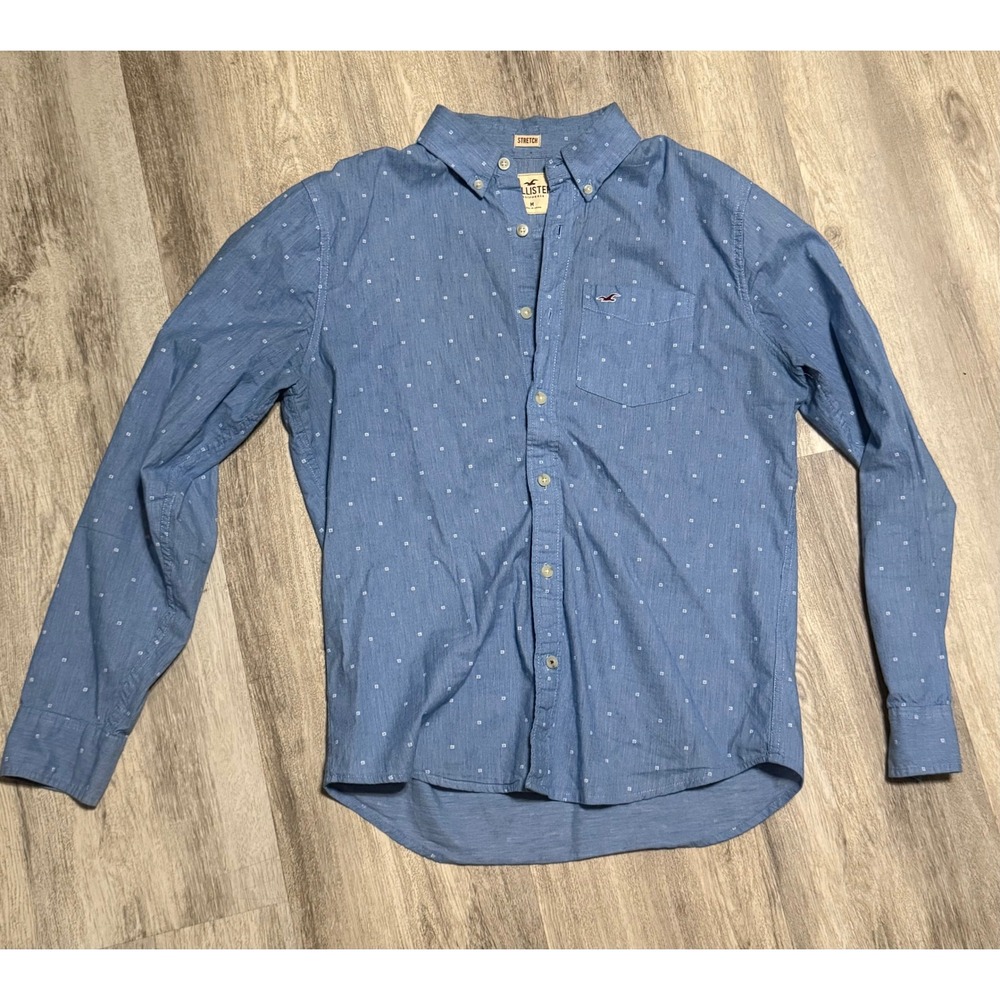 Hollister Mens Stretch Button Down Shirt Light Blue Square Print Casual Medium